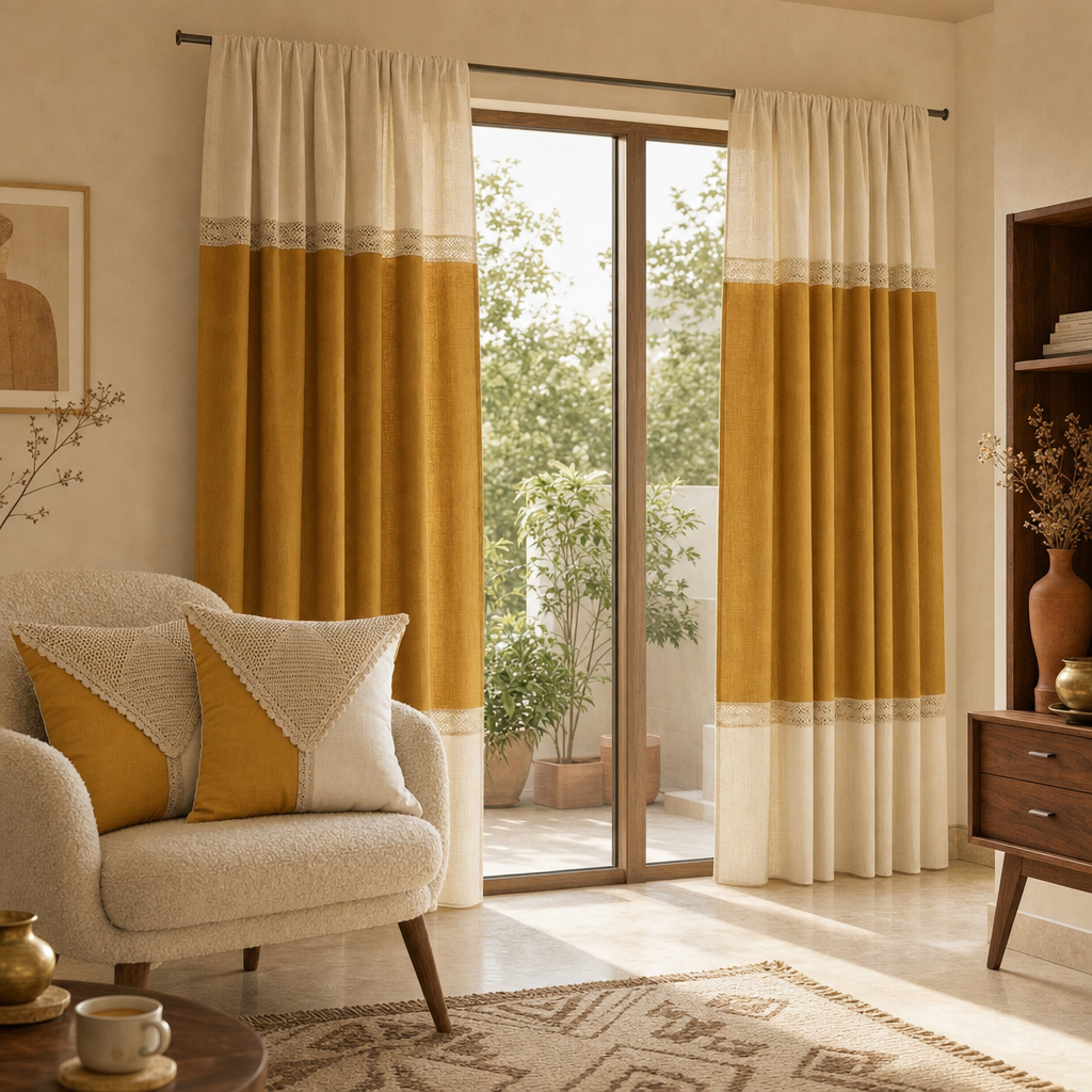Mustard & Off-White Reversible Cotton Curtain & Cushion Set in a modern home