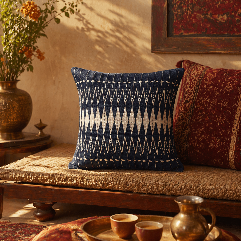 Naga Indigo Fusion Backstrap-Woven Blue and White Cushion Cover, The Living Room. Handmade in India by House of Taraasha.