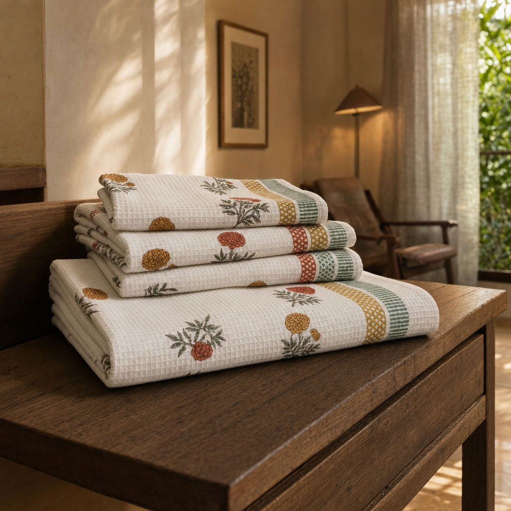 Marigold Hand Block-Printed Waffle Cotton Towel Set in a modern home
