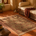 Kalamkari Floral Handwoven Block-Printed Cotton Rug, The Woven Floor. Handmade in India by House of Taraasha.