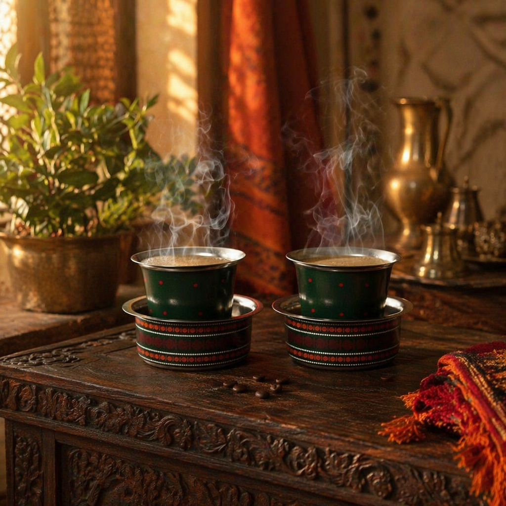 Kanjeevaram Enamel Steel Coffee Dabara Set, The Brass Atelier. Handmade in India by House of Taraasha.