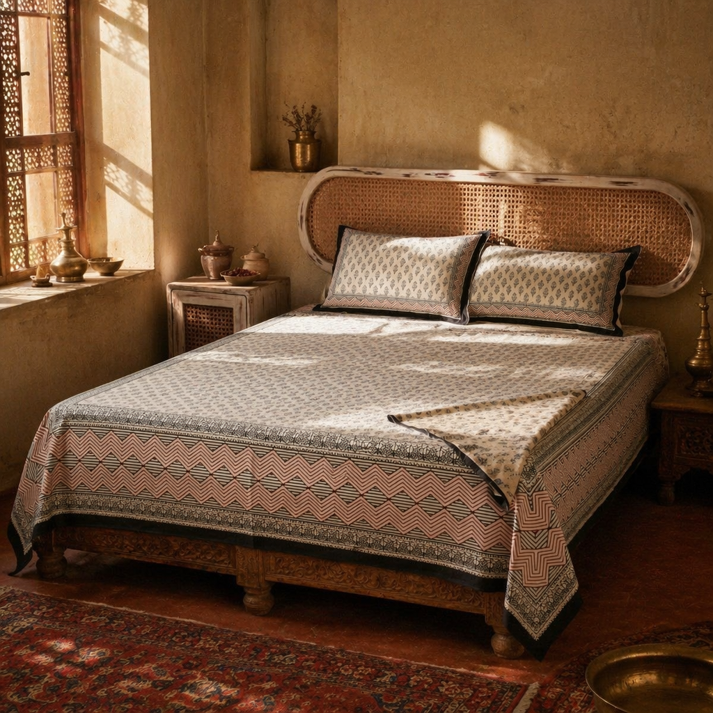 Bagru Floral Cotton Bedsheet with Pillow Covers, The Linen Room. Handmade in India by House of Taraasha.