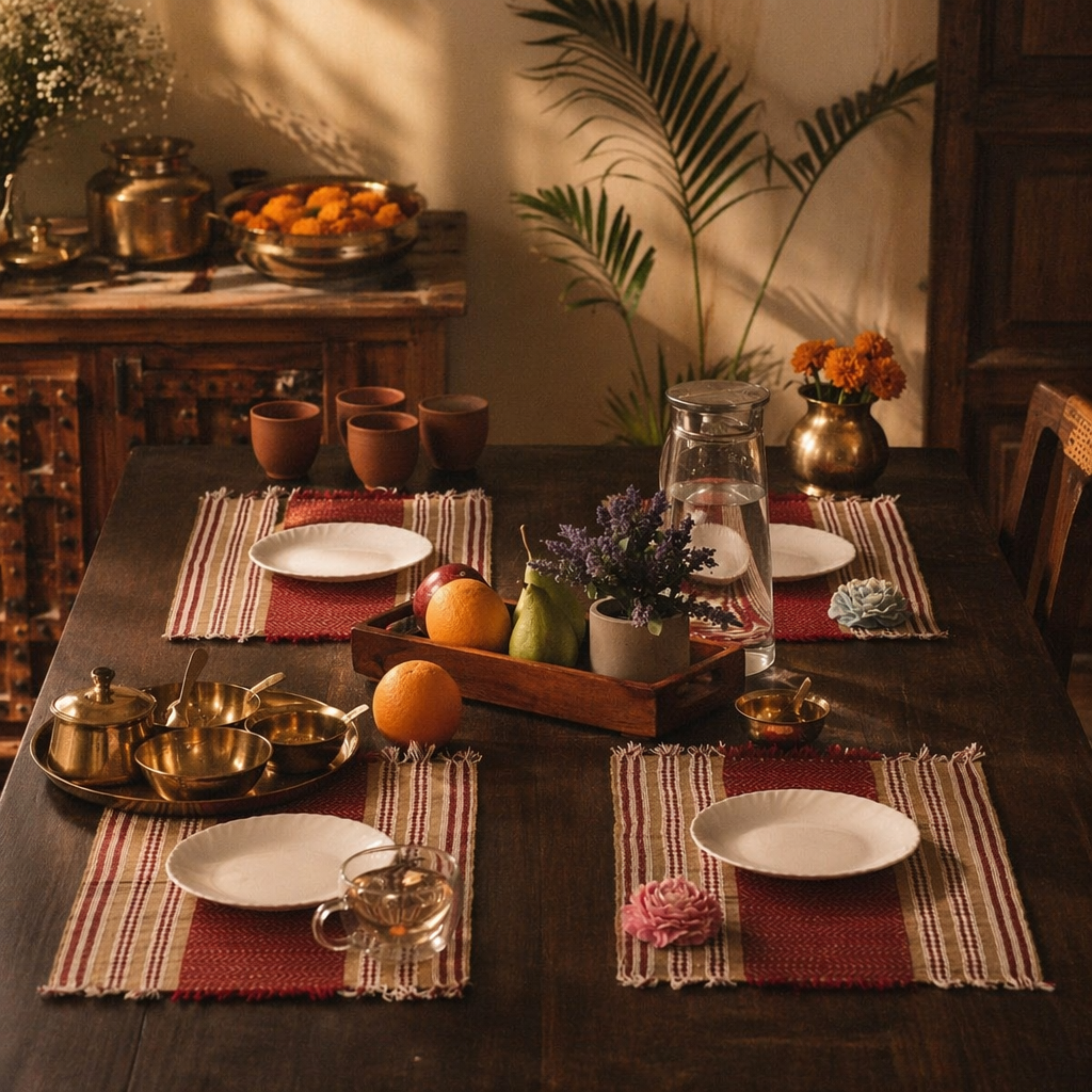 Madur Grass Woven Table Mats Maroon, The Gathered Table. Handmade in India by House of Taraasha.