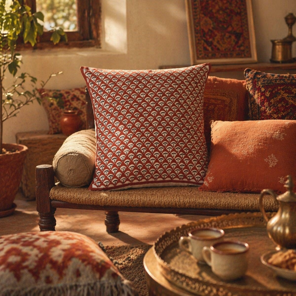 Geometric Maroon Hand Block-Printed Cotton Cushion Cover, The Living Room. Handmade in India by House of Taraasha.
