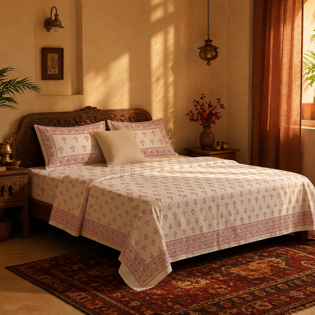 Blush Pink & White Hand-Printed Floral Bedsheet, The Linen Room. Handmade in India by House of Taraasha.