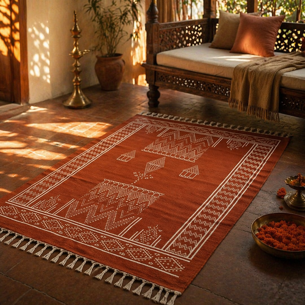 Mandana Diamond Hand-Printed Rust Cotton Rug, The Woven Floor. Handmade in India by House of Taraasha.
