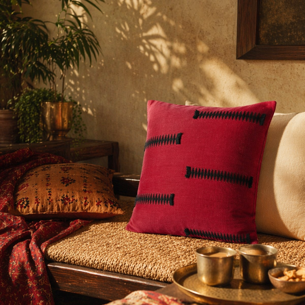 Naga Tribal Backstrap-Loom Black & Red Cushion Cover, The Living Room. Handmade in India by House of Taraasha.