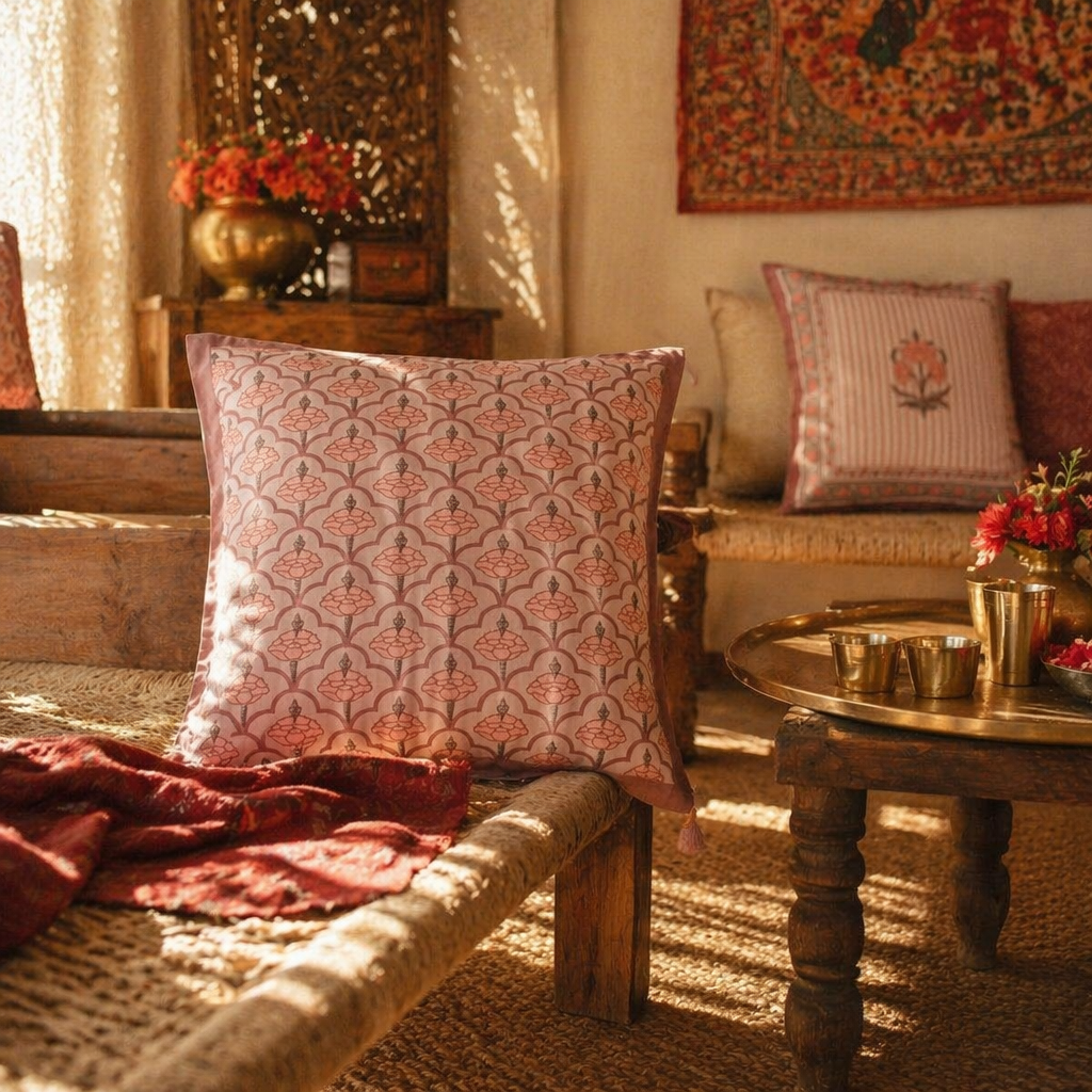 Royal Courtyards Dusty Pink Jaali & Floral Set of Five, The Living Room. Handmade in India by House of Taraasha.