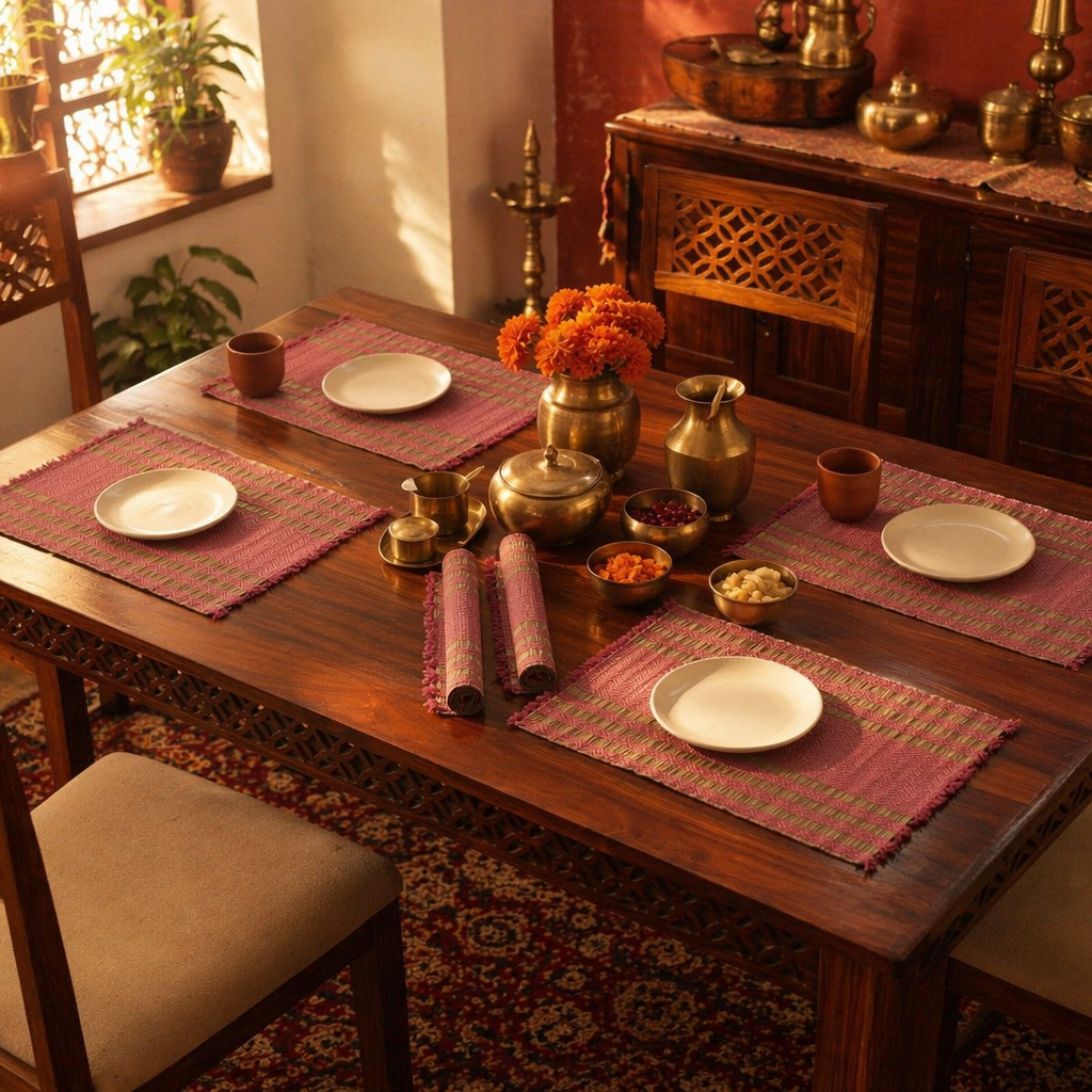 Madur Grass Woven Table Mats Blush Pink and Beige, The Gathered Table. Handmade in India by House of Taraasha.
