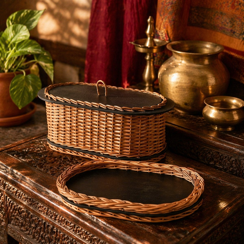 Kashmiri Willow Wicker Bread Box & Serving Tray, The Brass Atelier. Handmade in India by House of Taraasha.