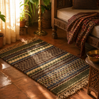 Punja-Woven Geometric Green Jute and Wool Rug, The Woven Floor. Handmade in India by House of Taraasha.