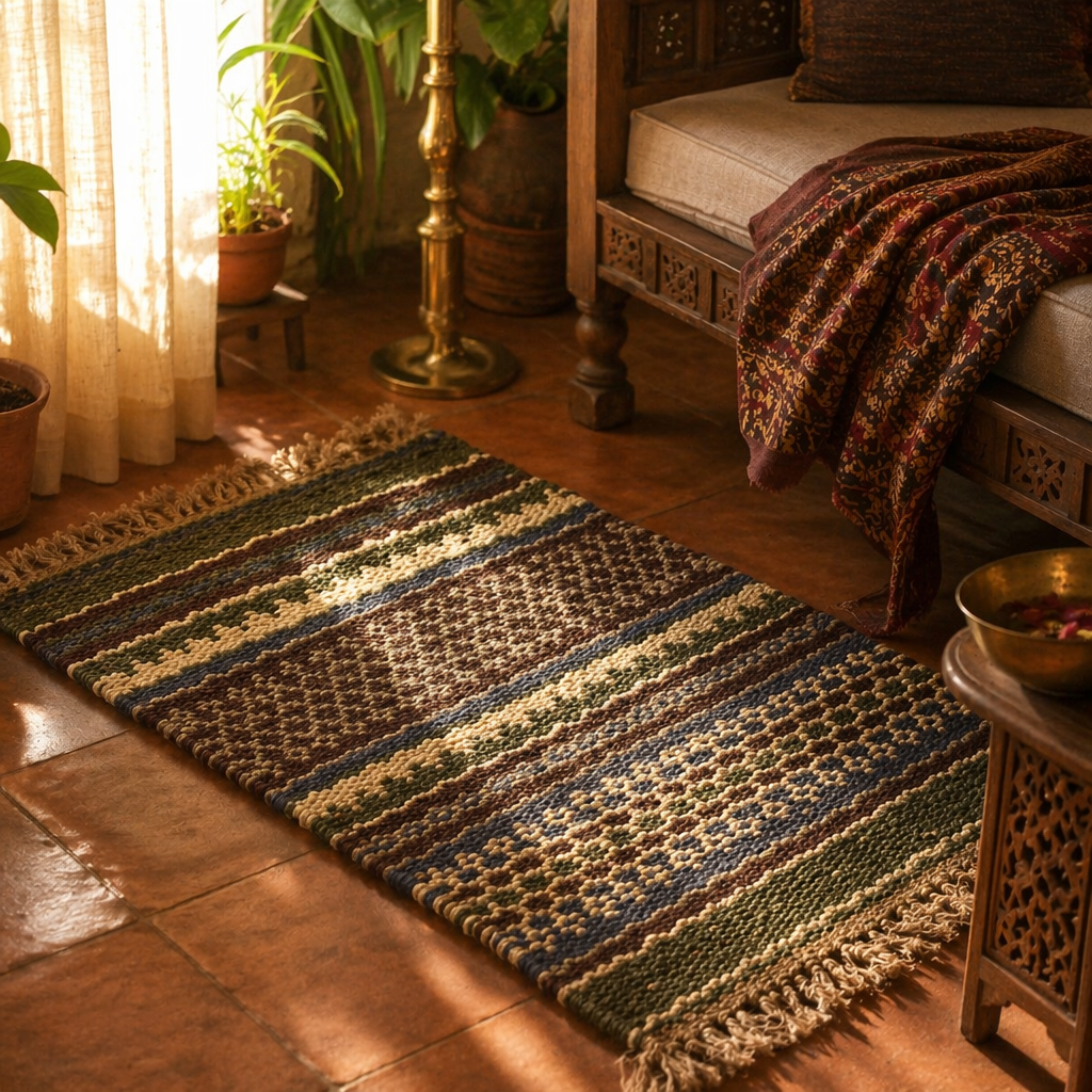 Punja-Woven Geometric Green Jute and Wool Rug, The Woven Floor. Handmade in India by House of Taraasha.