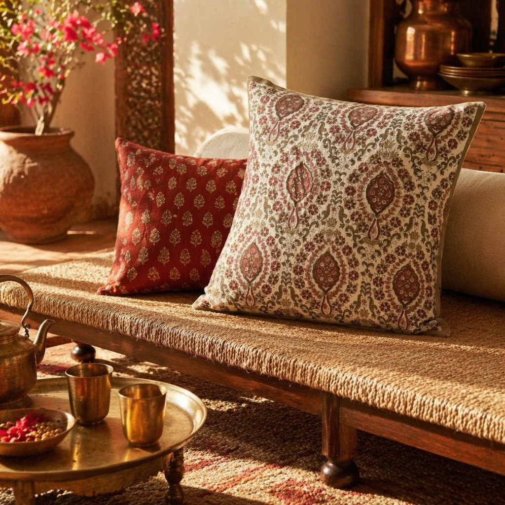 Ivory and Rust Vintage Pattern Block-Printed Cushion Cover, The Living Room. Handmade in India by House of Taraasha.