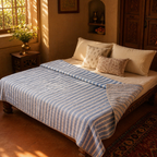 Blue Leafy Stripes Reversible Mulmul Quilt, The Linen Room. Handmade in India by House of Taraasha.