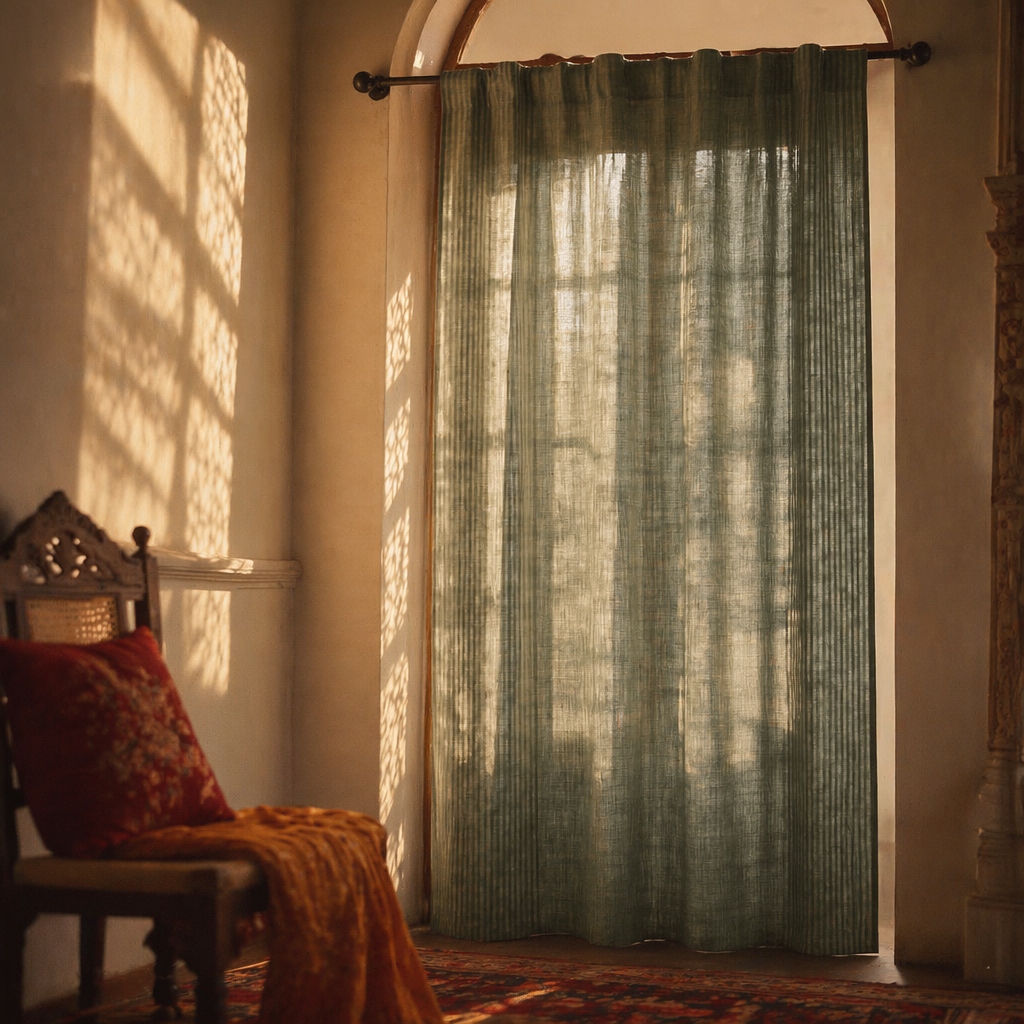 Royal Courtyards Handwoven Green Striped Door Curtain, The Draped Window. Handmade in India by House of Taraasha.