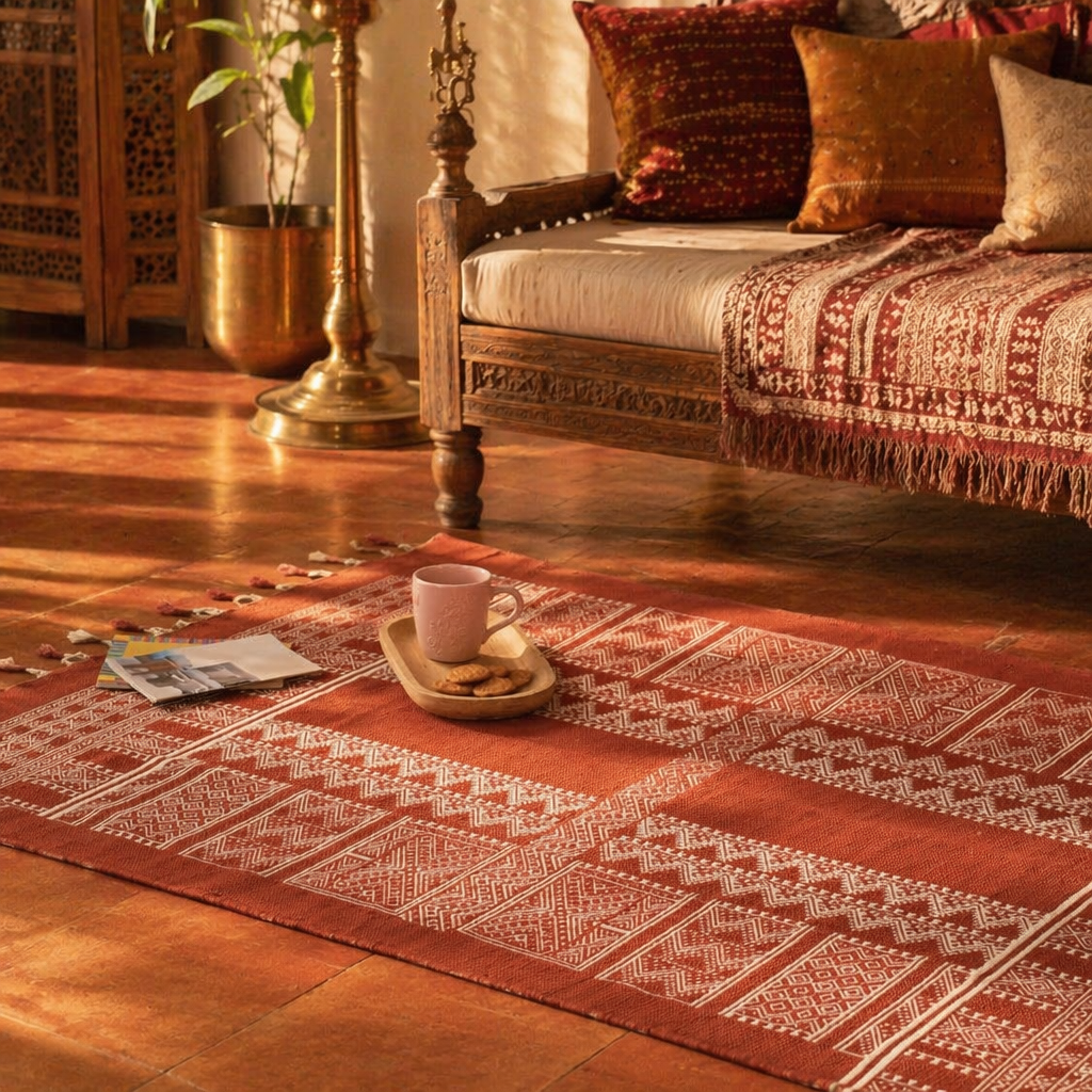 Mandana Rust Hand-Printed Tribal Pattern Cotton Rug, The Woven Floor. Handmade in India by House of Taraasha.