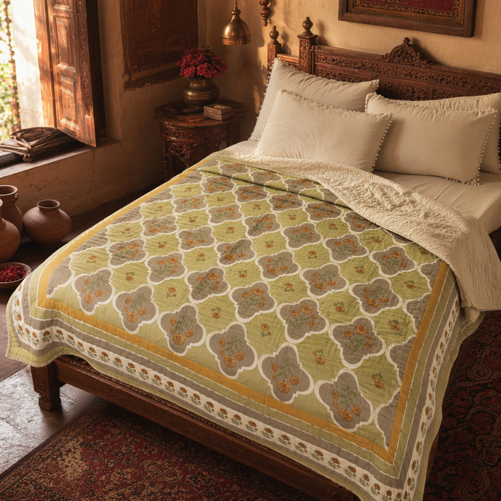 Sage Green Marigold Mulmul Quilt, The Linen Room. Handmade in India by House of Taraasha.