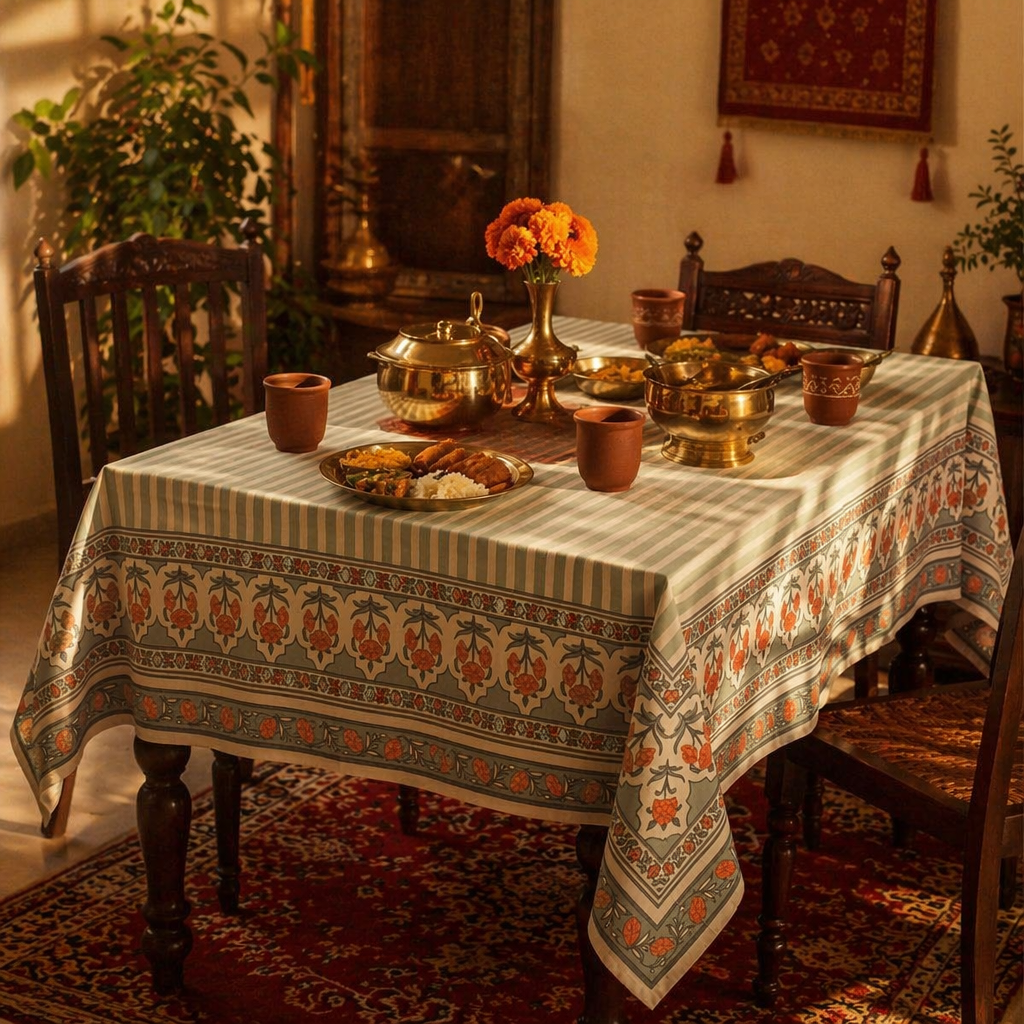 Royal Courtyards Table Cloth Green and Dusty Pink, The Gathered Table. Handmade in India by House of Taraasha.