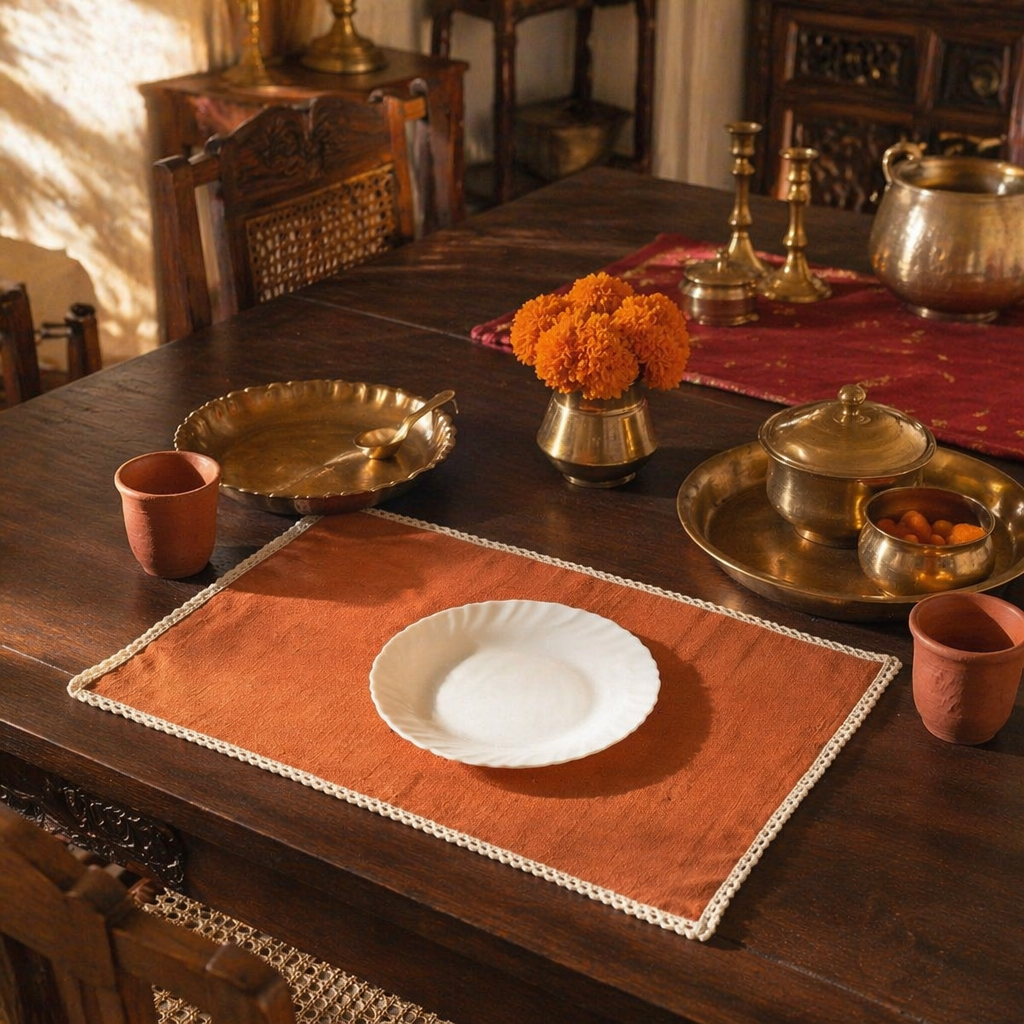 Crochet-Edged Table Mats Rust and Off-White, The Gathered Table. Handmade in India by House of Taraasha.