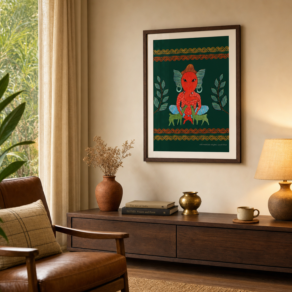 Gond Forest Ganesha Tribal Art Print in a modern home