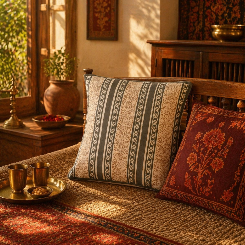 Charcoal Stripe Hand Block-Printed Cotton Cushion Cover, The Living Room. Handmade in India by House of Taraasha.