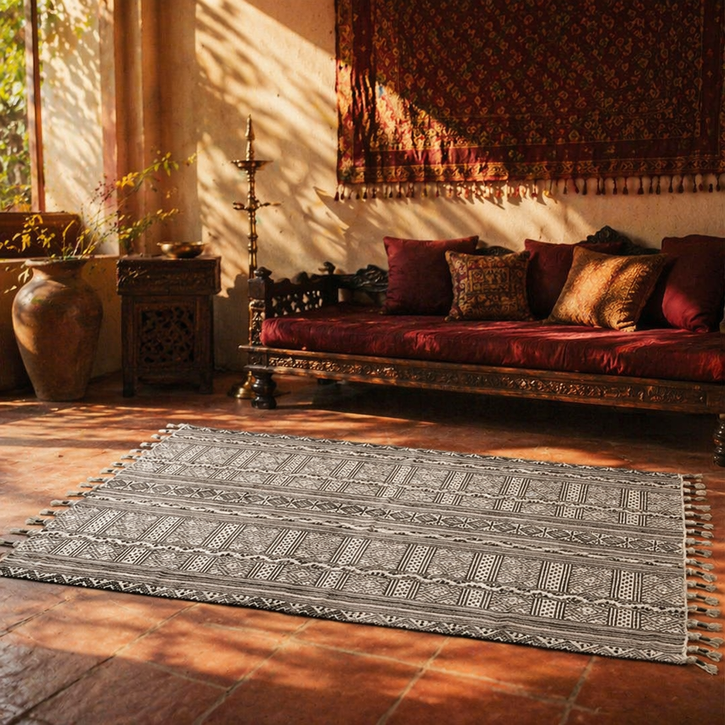 Monochrome Hand Block-Printed Black and White Floor Rug, The Woven Floor. Handmade in India by House of Taraasha.