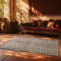 Monochrome Hand Block-Printed Black and White Floor Rug, The Woven Floor. Handmade in India by House of Taraasha.