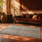 Monochrome Hand Block-Printed Black and White Floor Rug, The Woven Floor. Handmade in India by House of Taraasha.