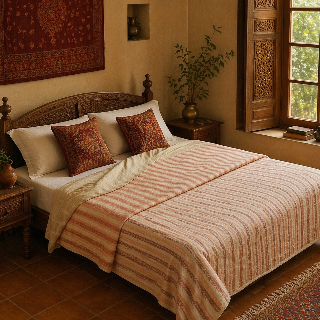 Dusty Pink Royal Courtyards Reversible Quilt, The Linen Room. Handmade in India by House of Taraasha.