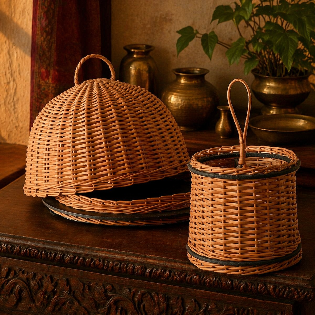 Kashmir Willow Cloche Platter & Cutlery Caddy, The Wicker House. Handmade in India by House of Taraasha.