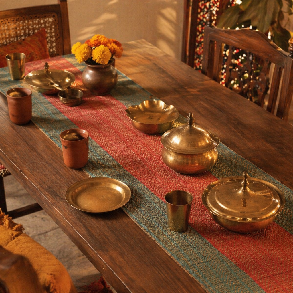 Madur Teal & Red Handwoven Grass Runner, The Gathered Table. Handmade in India by House of Taraasha.