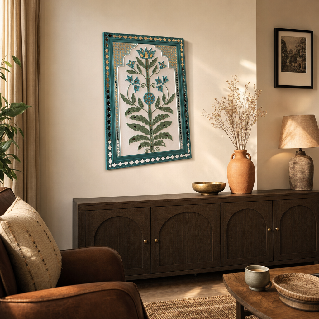 Aqua Blue Lippan Wall Hanging Floral Motif in a modern home
