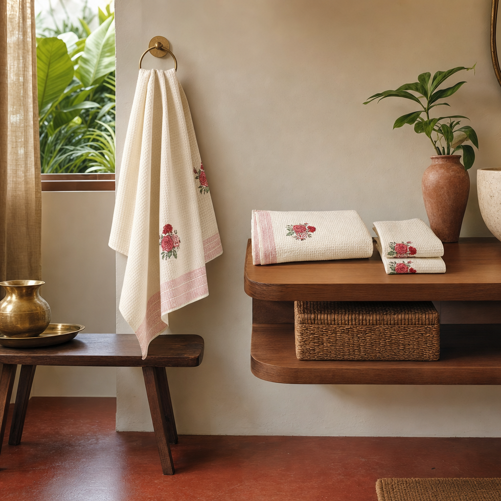 Rose Print Off White Hand Block-Printed Towel Set in a modern home