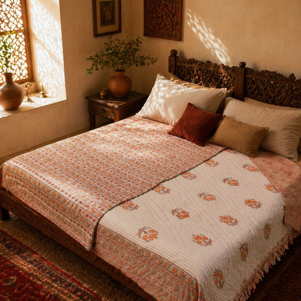 Dusty Pink Floral & Geometric Mulmul Quilt, The Linen Room. Handmade in India by House of Taraasha.