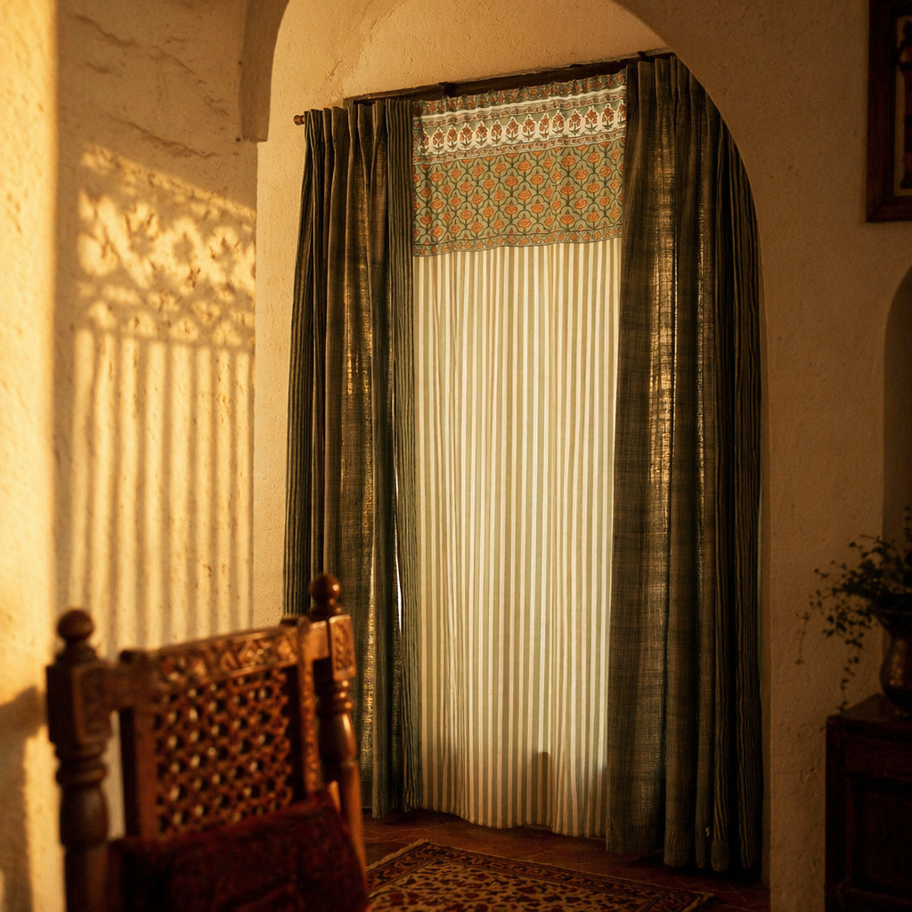 Royal Courtyards Green & Dusty Pink Woven-Printed Set of Three, The Draped Window. Handmade in India by House of Taraasha.