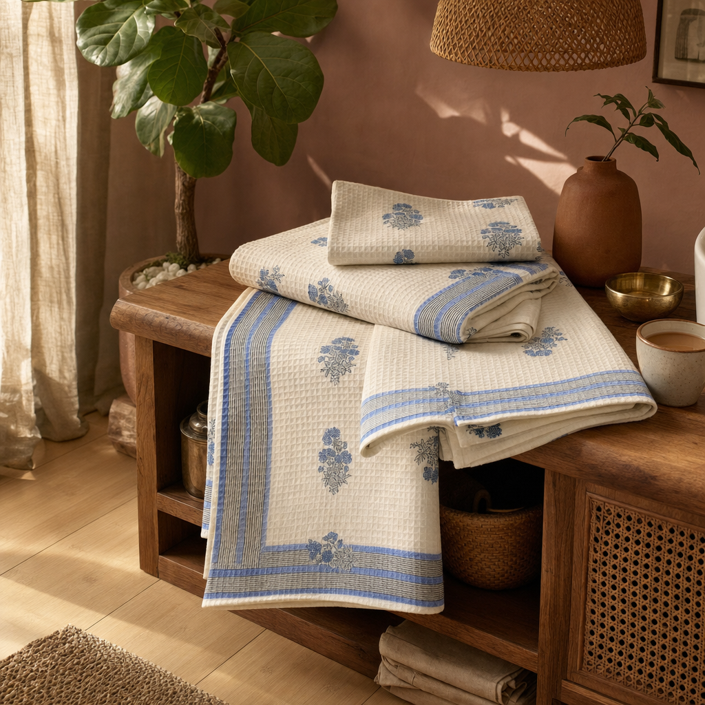 Blue Floral Hand Block-Printed Cotton Bath Towel in a modern home