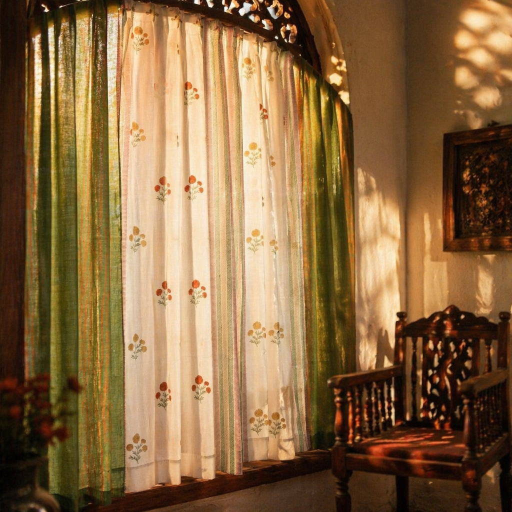 Handwoven & Block-Printed Set Sage, Rust, Mustard and Teal, The Draped Window. Handmade in India by House of Taraasha.