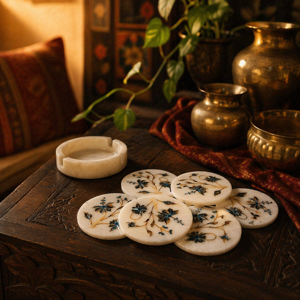 Agra White Marble Coasters with Pietra Dura Inlay, The Brass Atelier. Handmade in India by House of Taraasha.