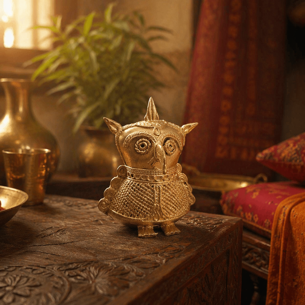 Dhokra Brass Owl Bastar Lost-Wax Casting, Tribal Stories. Handmade in India by House of Taraasha.