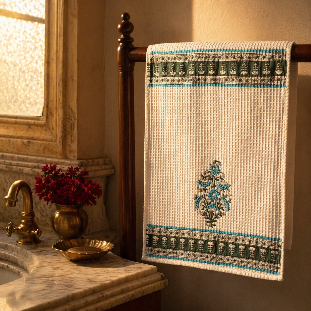 Block-Printed Waffle Hand-Printed Cotton Hand Towel, The Linen Room. Handmade in India by House of Taraasha.