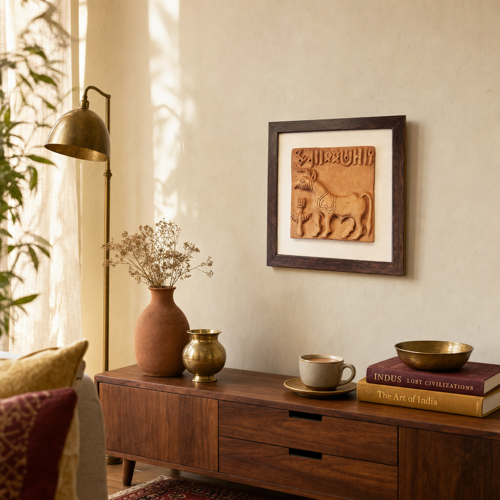 Harappan Unicorn Seal Molela Terracotta Replica in a modern home