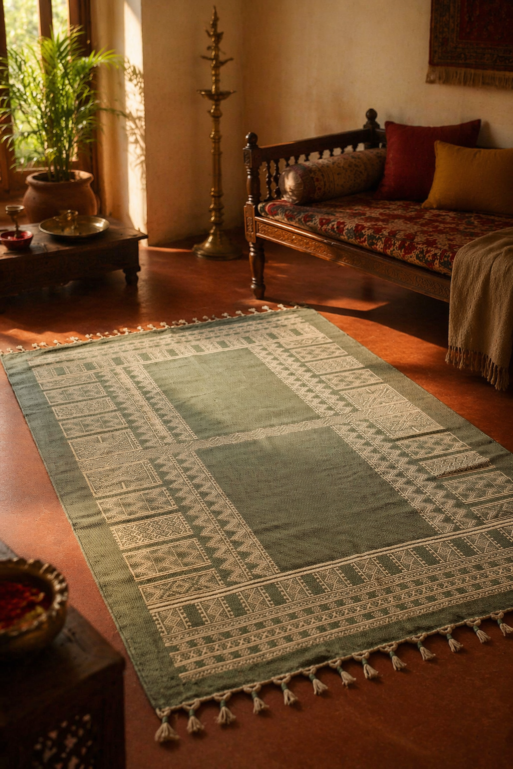 Jaipuri Olive Hand Block-Printed Cotton Dhurrie, The Woven Floor. Handmade in India by House of Taraasha.