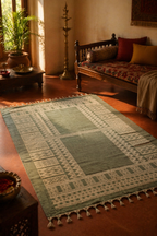 Jaipuri Olive Hand Block-Printed Cotton Dhurrie, The Woven Floor. Handmade in India by House of Taraasha.