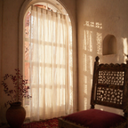 Chanderi Dot Handwoven Missing-Weave Semi-Sheer Curtain, The Draped Window. Handmade in India by House of Taraasha.