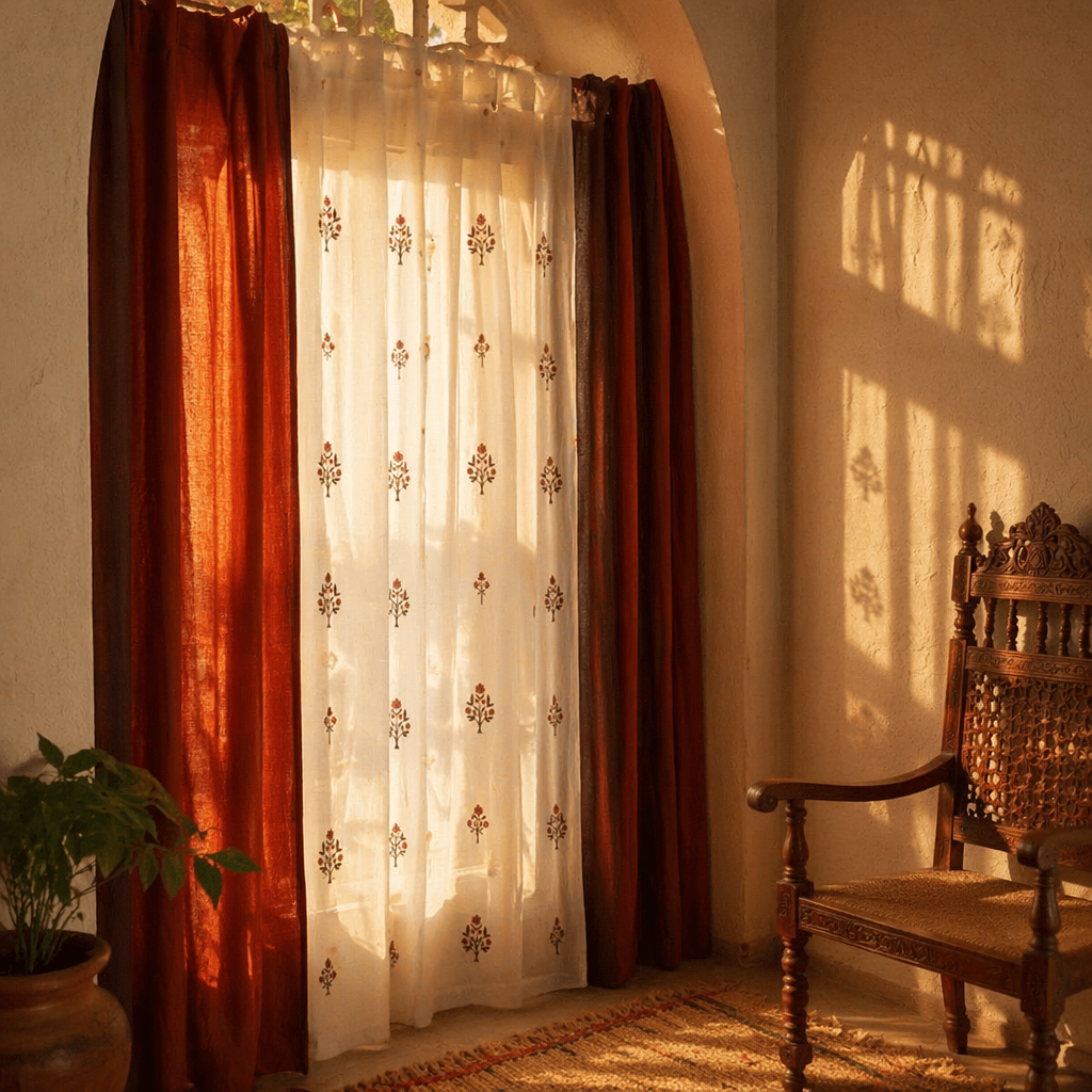 Royal Courtyards Blue & Dusty Pink Woven-Sheer Set of Four, The Draped Window. Handmade in India by House of Taraasha.