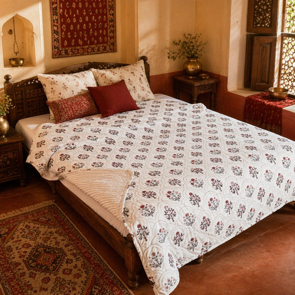 Ornate Florals Rust and Maroon Reversible Quilt, The Linen Room. Handmade in India by House of Taraasha.