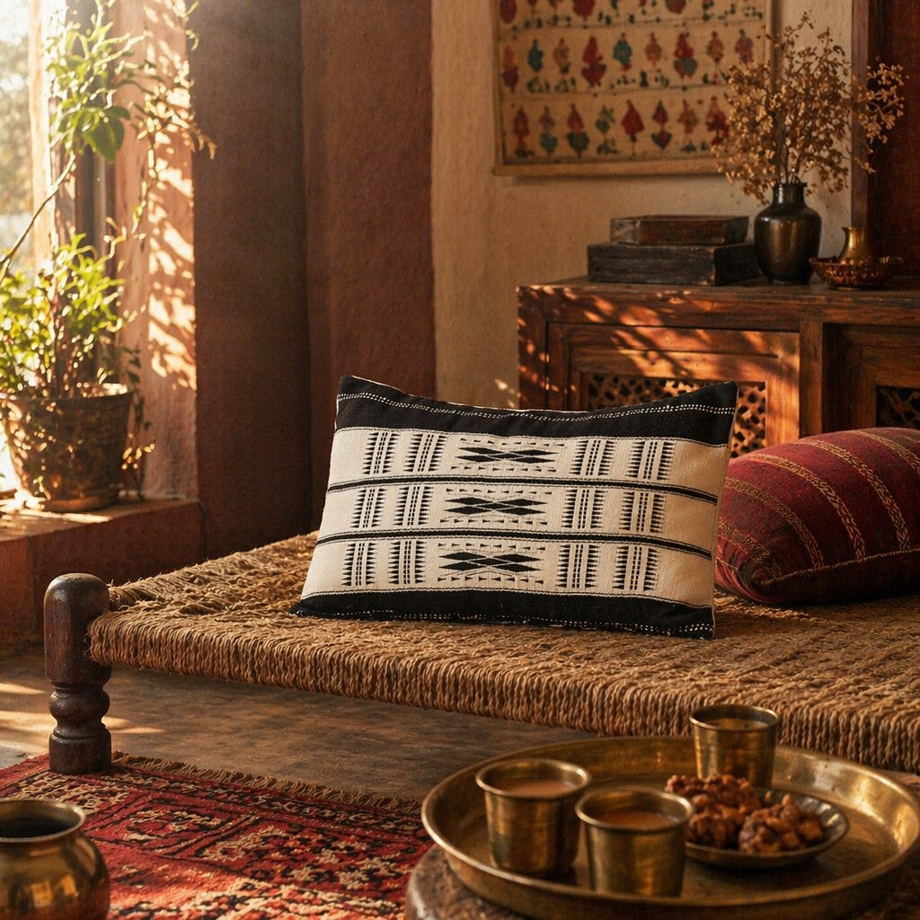Naga Tribal Backstrap-Loom Rectangular Monochrome Cover, The Living Room. Handmade in India by House of Taraasha.