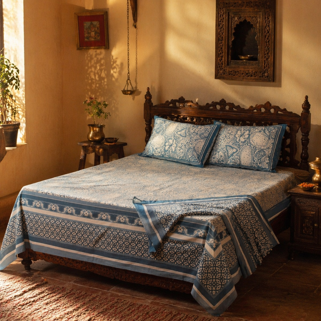 Marigold Ivory and Navy Bedsheet, The Linen Room. Handmade in India by House of Taraasha.