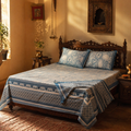 Marigold Ivory and Navy Bedsheet, The Linen Room. Handmade in India by House of Taraasha.