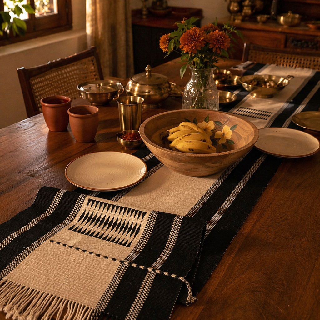Black & White Tribal Naga Backstrap-Woven Runner, The Gathered Table. Handmade in India by House of Taraasha.